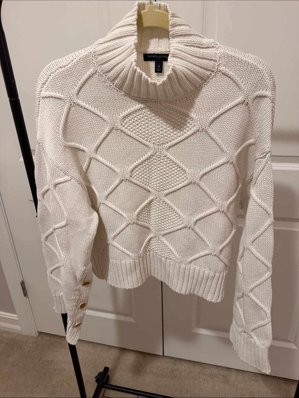 Banana Republic Ivory Cable Knit Turtleneck Sweater with Button Cuff